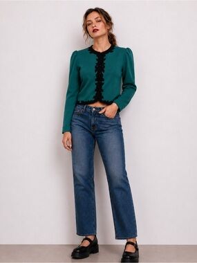 Vintage emerald green and black detail puff sleeve crop jacket top. MP